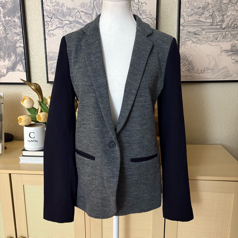 J CREW Contrast Knit Blazer Wool Blend Grey Black‎ Sleeves Size 8
